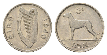 Ирландия 6 пенсов 1940 волкодав KM 13 никель 4623-636
