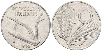 Италия 10 лир 1953 R, плуг, колосья KM 93 алюминий 259-124