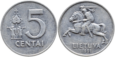 ЛИТВА 5 ЦЕНТОВ 1991 KM 87 алюминий 4393-836