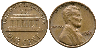 США 1 ЦЕНТ 1968 ЛИНКОЛЬН KM 201 медь цинк 93-1241