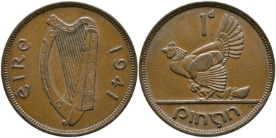 Ирландия 1 пенни 1941 курица с цыплятами KM 11 бронза 4531-631