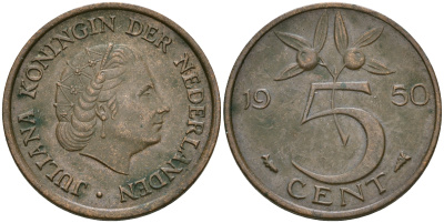 Нидерланлы 5 центов 1950 Юлиана (1949-1980) KM 181 бронза 4364-1621