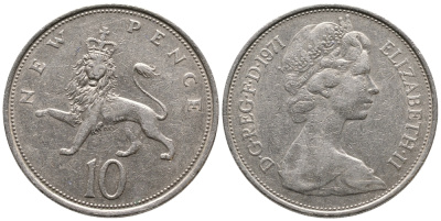 Великобритания 10 пенсов 1971 Елизавета II (1952-2022) KM 912, Spink 4231 (F1) медно-никель 89-111