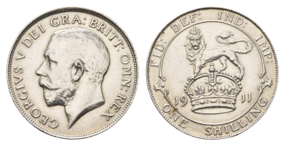 Великобритания 1 шиллинг 1911 Георг V (1910-1936) KM 816, Spink 4013 серебро aUNC 443-1323