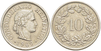 ШВЕЙЦАРИЯ 10 РАППЕНОВ 1969 В KM 27 медно-никель 4529-254