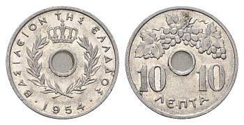 Греция 10 лепт 1954 Павел I (1947-1964), виноградная лоза KM 78 алюминий 4668-1044