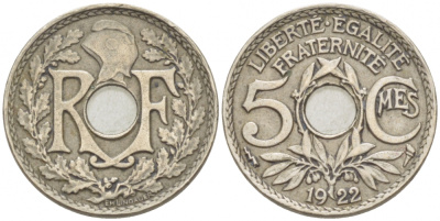 ФРАНЦИЯ 5 САНТИМОВ 1922 tb, ТИП ЛИНДАЙЁ, МОНЕТНЫЙ ДВОР ПУАССИ, МОЛНИЯ KM 875 медно-никель 3309-1011