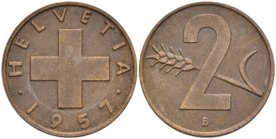 Швейцария 2 раппена 1957 В KM 47 бронза 4591-1135