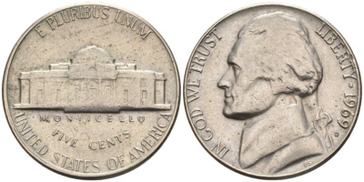 США 5 центов 1969 D, Джефферсон KM А192 медно-никель 92-1144