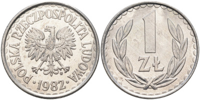 Польша 1 злотый 1982 MW, Народная Республика KM 49.1, Parchimowicz 213u алюминий UNC 4182-1052