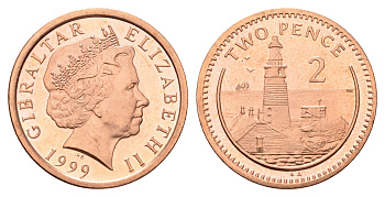 Гибралтар 2 пенса 1999 KM 774 сталь плакированная медью UNC 4119-311