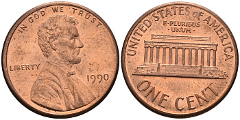 США 1 ЦЕНТ 1990 ЛИНКОЛЬН KM 201b цинк плакированный медью UNC 4588-362