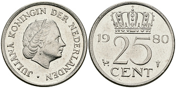 НИДЕРЛАНДЫ 25 ЦЕНТОВ 1980 ЮЛИАНА KM 183 никель 96-259