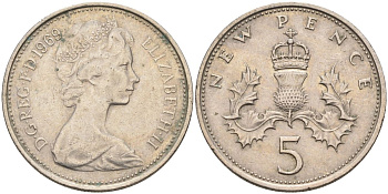 Великобритания 5 пенсов 1969 Елизавета II (1952-2022) KM 911, Spink 4233 (D1) медно-никель 4126-335