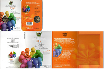 Сан-Марино 2 евро 2008 Европейский год межкультурного диалога, в оригинальном буклете KM 487 биметалл UNC 8-2-01-07