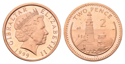 Гибралтар 2 пенса 1999 KM 774 сталь плакированная медью UNC 4119-311