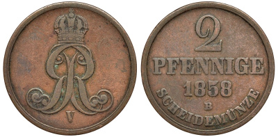 Брауншвейг-Каленберг-Ганновер 2 пфеннига 1858 B, Георг V (1851-1866) KM 234,aKS 153, J. 91 медь 4142-415