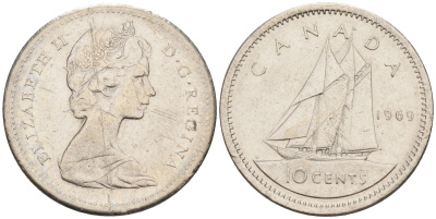 Канада 10 центов 1969 парусник KM 77.1 никель    4115-263