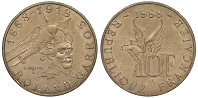 Франция 10 франков 1988 100 лет со дня рождения Ролан Гарроса (1888-1918) KM 965, Le Franc 372.3 алюминиевая бронза 4123-634
