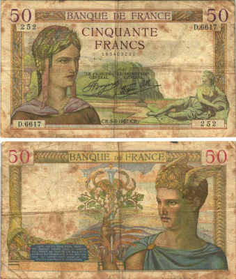 ФРАНЦИЯ 50 ФРАНКОВ 1937 5 АВГУСТА 1937, МЕРКУРИЙ Pick 85а бумага 8589-39-1-1