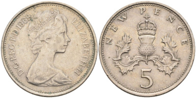 Великобритания 5 пенсов 1969 Елизавета II (1952-2022) KM 911, Spink 4233 (D1) медно-никель 4126-335