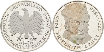 ФРГ 5 марок 1977 J, 200 лет со дня рождения Карла Фридриха Гаусса KM 145, J.420 серебро PROOF 02-230-41