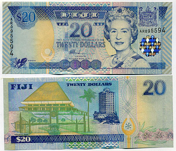 Фиджи 20 долларов ND (2002) Елизавета II (1952-2022), парламент, резервный банк Pick 107 a бумага UNC (пресс) 451-392-1