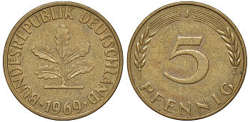 ФРГ 5 пфеннигов 1969 J KM 107, J.382 сталь плакированная латунью 4174-522