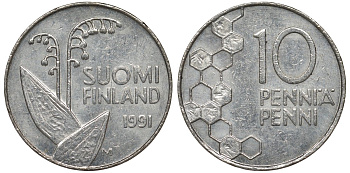 Финляндия 10 пенни 1991 KM 65 медно-никель 4124-626