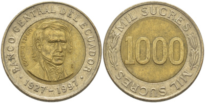 ЭКВАДОР 1000 СУКРЕ 1997 ЭУХЕНИО ЭСПЕХО, 70 ЛЕТ ЦЕНТРАЛЬНОМУ БАНКУ KM 103 биметалл 31-447