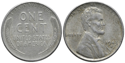 США 1 цент 1943 S (Сан-Франциско), Авраам Линкольн KM 132а сталь плакированная цинком 66-211