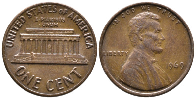 США 1 ЦЕНТ 1969 ЛИНКОЛЬН KM 201 медь цинк 4364-832
