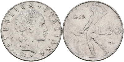 Италия 50 лир 1955 R, бог огня Вулкан у наковальни KM 95.1 нержавеющая сталь 4171-1012
