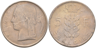 БЕЛЬГИЯ 5 ФРАНКОВ 1966 BELGIE KM 135.1 медно-никель 106-354