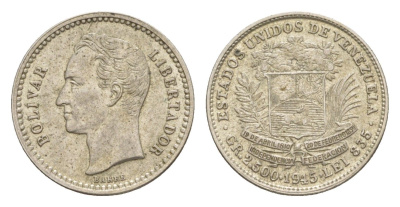 Венесуэла 1/2 боливара 1945 KM 21a серебро 1527-1034