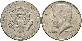 США 1/2 доллара (50 центов) 1969 D, Джон Кеннеди KM 202a серебро 221-1031