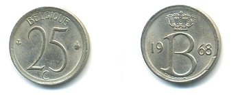Бельгия 25 сантимов 1968 Belgique, Бодуэн I (1951-1993) KM 153.1 медно-никель 86-1254