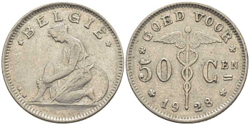 БЕЛЬГИЯ 50 САНТИМОВ 1928 BELGIE, АЛЬБЕРТ I (1909-1934) KM 88 никель 116-966