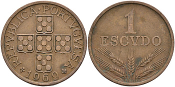 Португалия 1 эскудо 1969 первый год KM 597 бронза 4126-557
