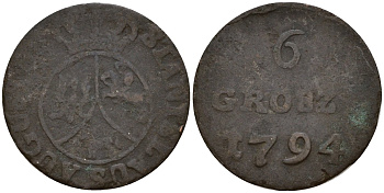 Польша 6 грошей (шостак) 1794 Станислав Август Понятовский (1764-1795) KM 215, Gum. 2354, Kopicki 2286 биллон 4158-536
