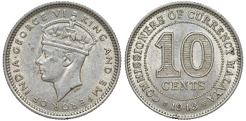 Британская Малайя 10 центов 1943 Георг VI (1937-1952) KM 4a серебро 53-233