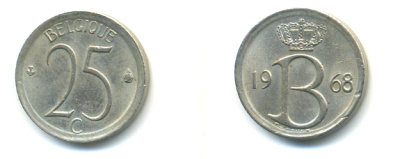 Бельгия 25 сантимов 1968 Belgique, Бодуэн I (1951-1993) KM 153.1 медно-никель 86-1254