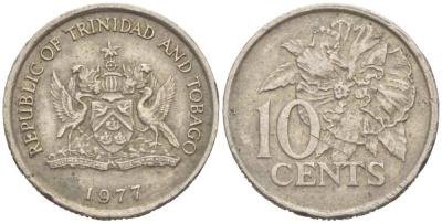 Тринидад и Тобаго 10 центов 1977 цветок гибискуса KM 31 медно-никель 218-1157