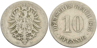 ГЕРМАНИЯ 10 ПФЕННИГОВ 1875 D, СТАРОГЕРБОВКА KM 4, J. 4 медно-никель 4401-244
