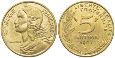 ФРАНЦИЯ 5 САНТИМОВ 1987 ТИП MARIANNE KM 933, LE FRANC 125.23 медь алюминий никель 116-455