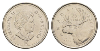 Канада 25 центов 2007 Leaf, Елизавета II (1952-2022), олень KM 2296 сталь плакированная никелем UNC 4631-724