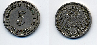 ГЕРМАНИЯ 5 ПФЕННИГОВ 1907 A, KM 11, J. 12 медно-никель 84-948