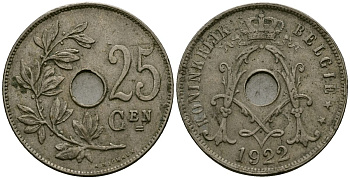Бельгия 25 сантимов 1922 Belgie KM 69 медно-никель 4165-841