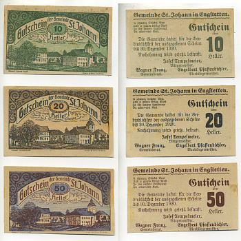 Австрия набор из 3 банкнот 1920 до 30 декабря 1920, нотгельд, 10, 20, 50 геллеров, ST. JAHANN in GNGFTETTEN   бумага  aUNC  7555-3-2-1