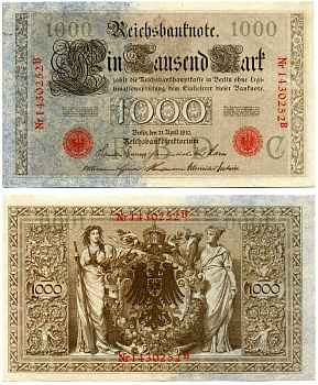 Германия 1000 марок 1910 21 апреля 1910, красная печать, номер семизначный, серия В, буква С, выпуск АПРЕЛЬ - АВГУСТ 1919 Pick 44, Роземберг 45b бумага VF 2194-21-1-1